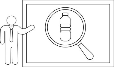 Bir çerçeve içinde büyüteçle görülen bir şişe sunan bir çöp adamın taslağı.