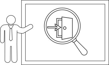 Tahtaya doğru hareket eden kişi ok ile büyüteç kapıyı gösteriyor