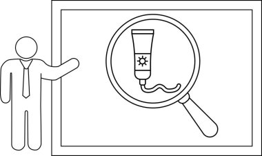 Sunum panosundaki büyüteç altındaki güneş kremi tüpüne işaret ediyor