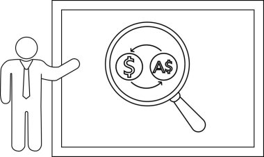 Döviz kurunu inceleyen bir büyüteç gösteren bir pano sunuyor.