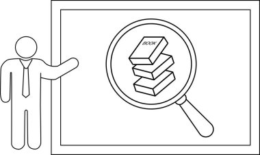 Sunucu, beyaz tahtadaki kitap yığınına odaklanan büyüteçlere işaret ediyor