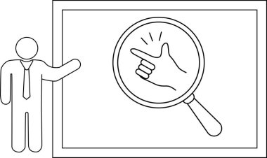 Çubuk şekli beyaz tahtayı işaret ediyor, el hareketinin üzerinde büyüteç var.