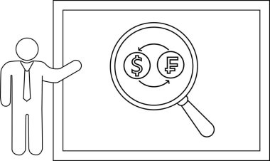 Çubuk figür beyaz bir tahtanın üzerindeki büyüteç altında döviz döviz diyagramını sunar