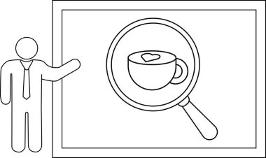 Çubuk figür, büyüteç içinde kalp şeklinde tasarımı olan bir kahve bardağının çerçeveli görüntüsünü sunuyor.