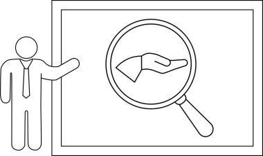 Çubuk adam açık bir ele odaklanan bir büyüteçle bir tahta sunar.