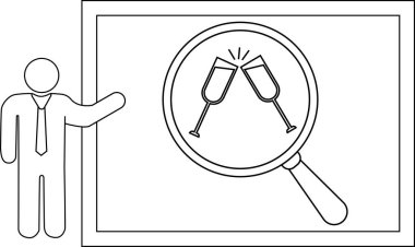 Çubuk figür, büyüteç altında kadeh kaldıran iki şampanya kadehinin çerçeveli görüntüsünü sunar.