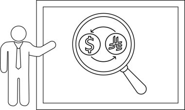 Çubuk adam, çerçevelenmiş beyaz bir tahtanın üzerindeki büyüteç altında dolar kripto döviz diyagramını sunar.