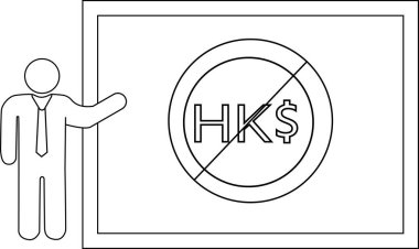 Kravatlı biri, siyah çizilmiş bir çemberin içinde Hong Kong yazan bir tabelanın yanında duruyor.