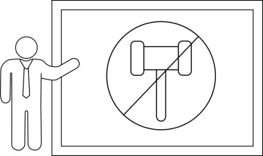 Bir adam tokmak sembolü olmayan bir kurula işaret eder. Muhtemelen toplantı gündemini ya da yasal yasağı gösterir.
