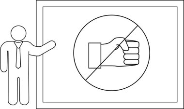 Bir insan yumruklaşmayı yasaklayan bir tabelaya işaret eder.