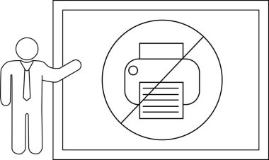 Bir kişi, üzeri çizilmiş bir yazıcının çerçeveli işaretini sunar.