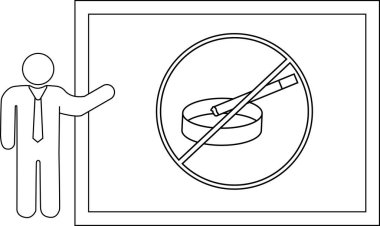 Sigara içilmeyen bir tabela sunar. Kül tablasında sigara bulunan bir tabela. Üzerinde çizgi olan bir daire çizilir.