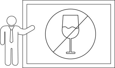 Çerçeveli bir sınırda alkolü yasaklayan bir levhaya işaret eden bir çöp adam.