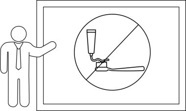 Bir çöp adam diş macununu yasaklayan bir tabela sunuyor.