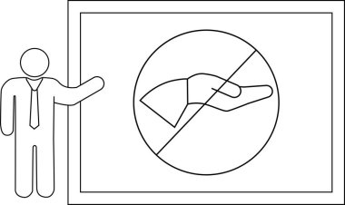 Bir çöp adam çerçevelenmiş tahtada bağış yok tabelası sunar.