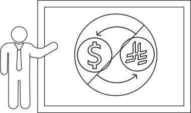 İş adamı, para bozdurma dolarını oklarla kesişen oklarla Altcoin 'e gösteren bir diyagram sunar.