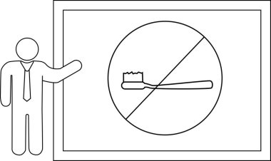 Çizgi filmci, beyaz tahtada çerçevelenmiş diş fırçalarını yasaklayan bir tabelayı işaret ediyor.