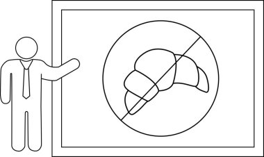 Çizgi sanatı, üzerinde bir çizgi olan bir dairenin içinde kruvasan olan bir tabela sunan kişiyi tasvir eder.