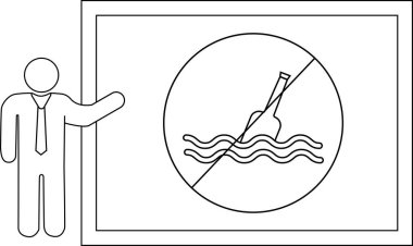 Görüntü, çevrenin korunmasını sembolize eden suya şişe atmayı yasaklayan bir adamın el kol hareketi yaptığını gösteriyor.