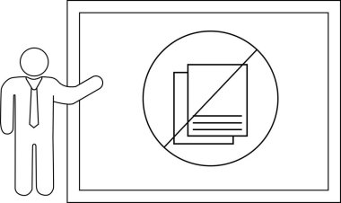 Çizgi sanatı, kopyasının olmadığını belirten bir levhaya doğru hareket eden bir figür gösteriyor.