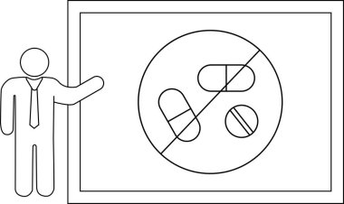 Çerçeveye haplar çizilmiş bir adam işaret ediyor.