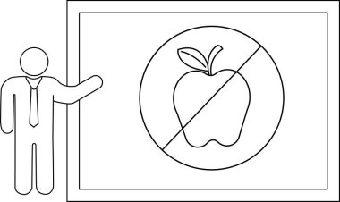 Üzerinde çizgili elma sembolü olan bir panoda elma yok tabelası sunan adam.