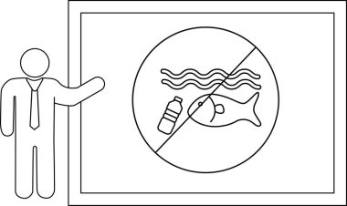 Kirliliğin olmayacağına işaret eden bir işaret var. Çerçeveye çizilmiş plastik bir balık dalgaları tasvir ediyor.