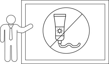 Güneş kremi kullanımını yasaklayan bir levhaya işaret eden çöp adam