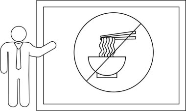 Çubuk adam erişte ya da ramen yasaklayan bir tabela sunar. Çerçevesinde çubuklar olan bir kase tarafından temsil edilir.