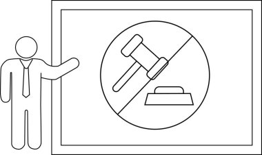 Sopa figürü, üzerinde bir tokmak olan bir tabela sunuyor.