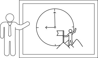 Beyaz tahta üzerinde bir saat ve bir bayrak ile dağın tepesine ulaşan bir insan figürü.