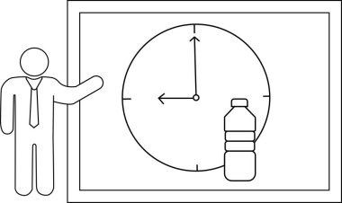 Bir figür, üzerinde saat ve su şişesi olan bir beyaz tahtayı işaret ediyor.