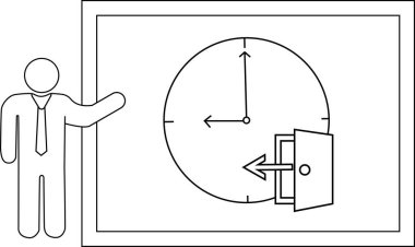 Bir kişi saat ve çıkış gösteren bir sunum slaytına işaret ediyor