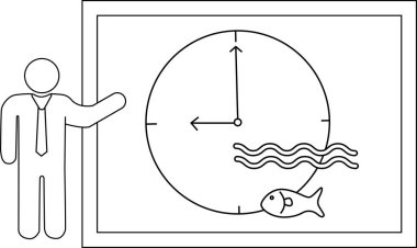Beyaz bir tahta üzerinde balık ve dalgalarla saat sunan bir adam.