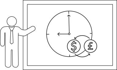 Bir kişi tahtaya saat, sembol ve para bozdurma okları koyar.