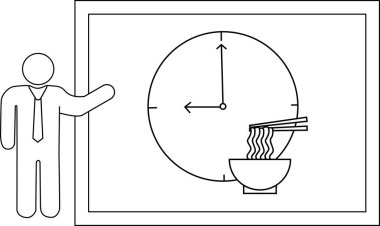 Bir insan beyaz tahtanın üzerinde bir kasede erişte ile bir saat sunar.
