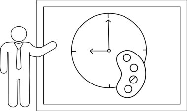 Çubuk bir figür tahtada bir saat paleti sunar.
