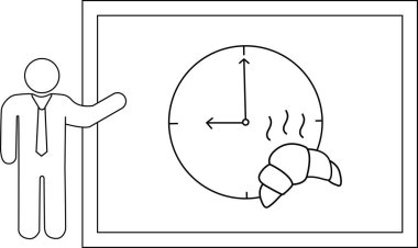 Çubuk bir figür, 300 'e ayarlanmış bir saati kruvasan ve beyaz tahtanın üstünde buharla sunar.