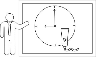 Çubuk bir figür, bir güneş kremi tüpünün yanında saat gösteren bir tahta sunar.