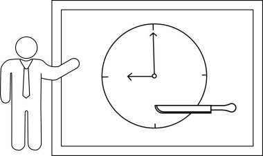 Çubuk bir figür, yanına 900 'e ayarlanmış bir saat ve bir bıçak yerleştirilmiş bir tahta sunar.