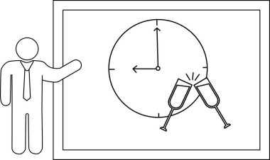 Çubuk bir figür, gece yarısı çalan bir saatle bir vitrin sunar ve bardakları çırpar.