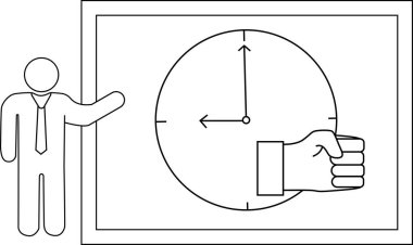 Çubuk bir figür, dikdörtgenin içinde yumruğu olan bir saat sunar.