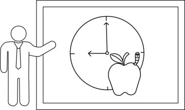 Özetlenmiş bir figür, saat dokuzda, altında elma ve solucan olan bir saati gösteren bir tahtaya işaret ediyor.