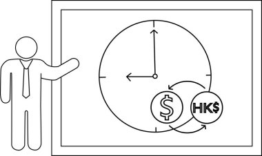 İllülasyon, saat dolar değerindeki HKD sembolleri oklarla bağlanmış bir panonun yanında sunucuyu gösterir