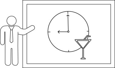 Saat 900 'e ayarlanmış bir saati ve bir martini bardağını gösteren bir tahtaya el kol hareketi yapan adam.