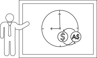 Adam, ABD ve Avustralya dolar sembollerinin kesiştiği bir saat ve oklarla bir tahta sunuyor.