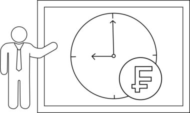 Sunucu öğle vakti İsviçre frangının yanında beyaz tahtada bir saat gösteriyor.