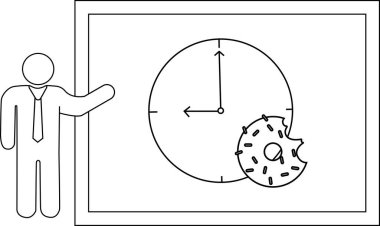 Çubuk figür, bir saat ve kısmen yenmiş bir çöreği gösteren beyaz tahtaya doğru hareket eder.