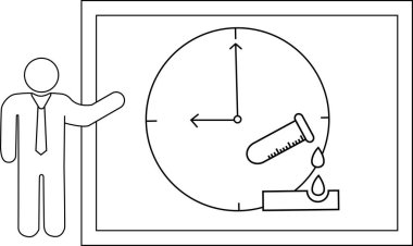 Çerçevelenmiş saate doğru hareket eden çubuk figürü test tüpünün içine sıvı sızıyor.