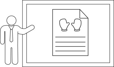 Beyaz tahta üzerinde eldiven grafikleri olan bir şekil bir belge sunar